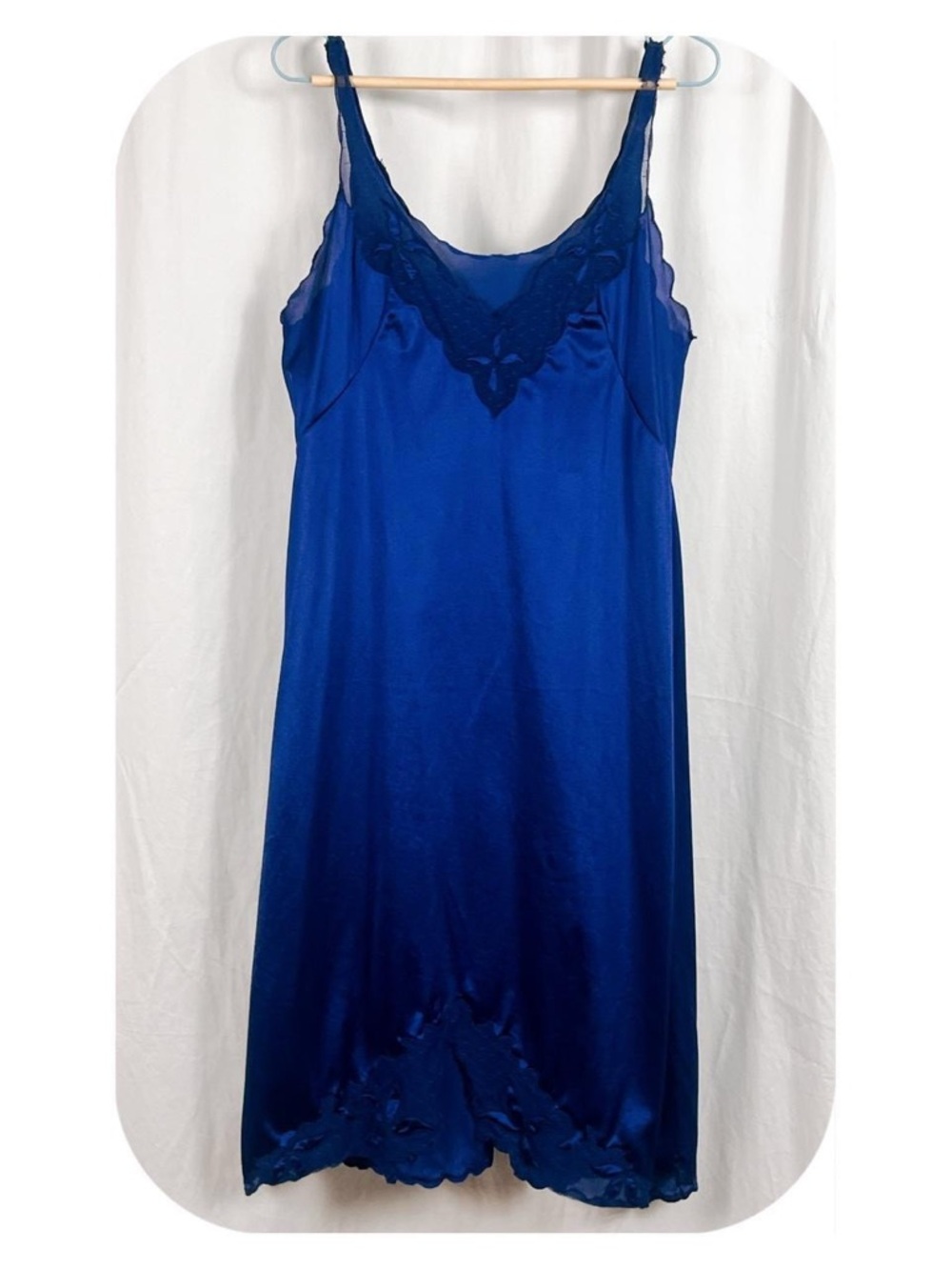 Vintage Royal Blue Satin Slip with Lace Insets and Scalloped edges